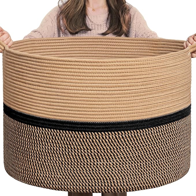 CHICVITA XXL Extra Large Cotton Rope Woven Basket, Throw Blanket Storage Basket with Handles, Decorative Clothes Hamper - 22" x 22" x 14", Brown&Black