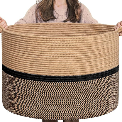 CHICVITA XXL Extra Large Cotton Rope Woven Basket, Throw Blanket Storage Basket with Handles, Decorative Clothes Hamper - 22" x 22" x 14", Brown&Black