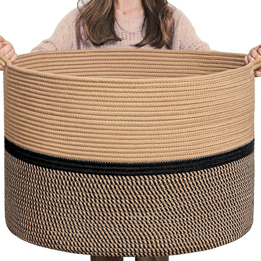 CHICVITA XXL Extra Large Cotton Rope Woven Basket, Throw Blanket Storage Basket with Handles, Decorative Clothes Hamper - 22" x 22" x 14", Brown&Black