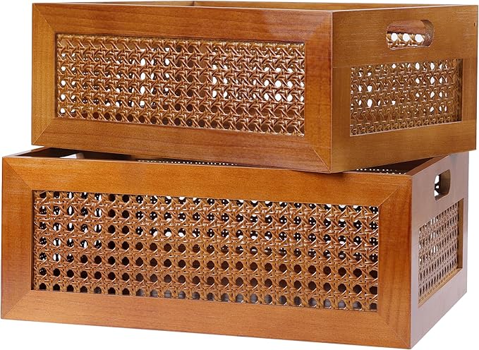 Wooden Storage Basket Set of 2 Handmade Rattan Drawer Storage Box with Frame & Handles Decorative Natural Bamboo Woven Bins Rustic Farmhouse Decor Home Office Tabletop Shelf Organizer