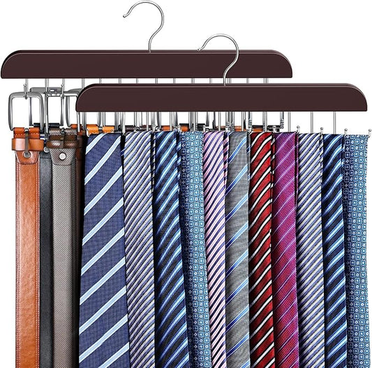 2 Pack Tie Rack & Belt Hanger 2 in 1 Tie Hanger Space Saving Max 42 Belts& 60 Ties Capacity for Closet Organizers and Storage, Sturdy Wood Belt & Tie Closet Organizers and Storage