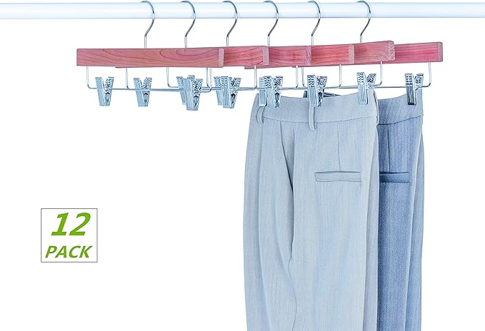 Amber Home 12 Pack American Red Cedar Wood Pants Hangers, Natural Cedar Wooden Slacks Skirts Hangers with 2-Adjustable Clips, Bottom Hangers for Trousers, Jeans, Shorts (12 Pack)