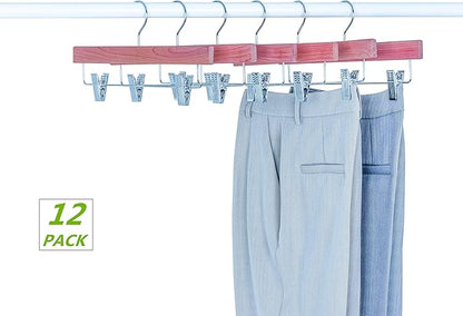 Amber Home 12 Pack American Red Cedar Wood Pants Hangers, Natural Cedar Wooden Slacks Skirts Hangers with 2-Adjustable Clips, Bottom Hangers for Trousers, Jeans, Shorts (12 Pack)