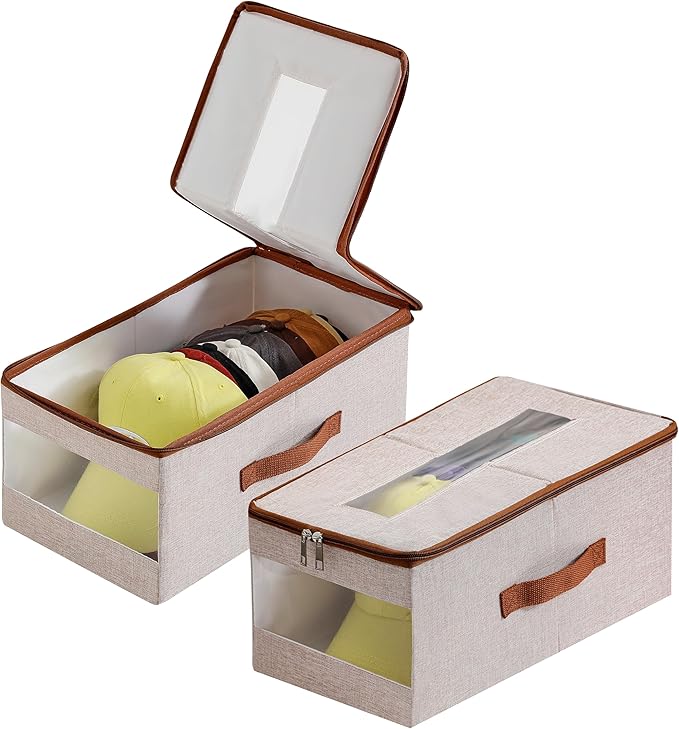 Stackable Hat Organizer for Baseball Caps, Hat Storage Holder Container for Closet Hold Up to 12 Caps with Clear Window, Hat Boxes for Home Storage (Beige, 2 Packs)