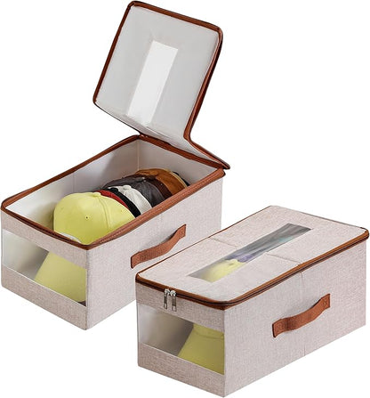 Stackable Hat Organizer for Baseball Caps, Hat Storage Holder Container for Closet Hold Up to 12 Caps with Clear Window, Hat Boxes for Home Storage (Beige, 2 Packs)