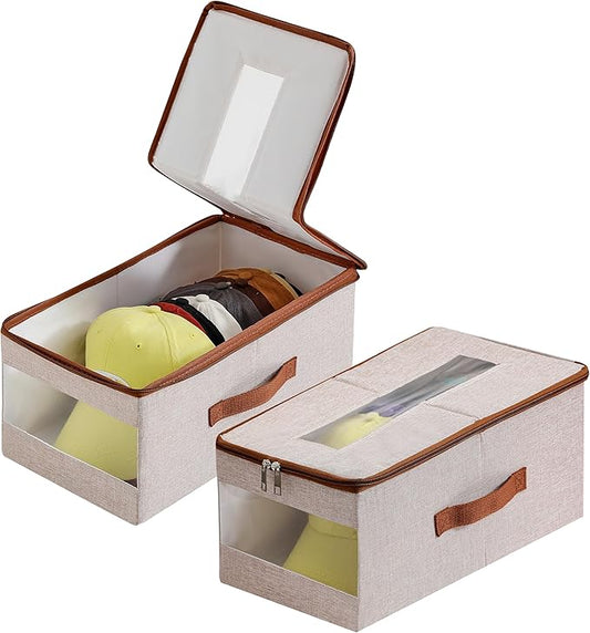 Stackable Hat Organizer for Baseball Caps, Hat Storage Holder Container for Closet Hold Up to 12 Caps with Clear Window, Hat Boxes for Home Storage (Beige, 2 Packs)