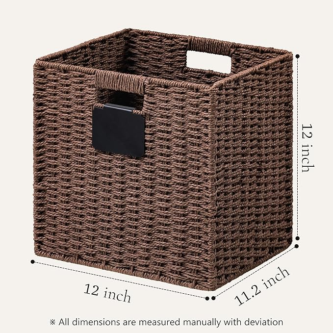 UBBCARE 2 Pack Wicker Basket, 12×12 Storage Cubes with Label, Foldable Cube Storage Bin with Handle, Square Storage Basket for Shelves, Woven Paper Rope Basket for Organizing, Brown