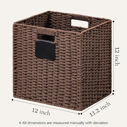 UBBCARE 2 Pack Wicker Basket, 12×12 Storage Cubes with Label, Foldable Cube Storage Bin with Handle, Square Storage Basket for Shelves, Woven Paper Rope Basket for Organizing, Brown