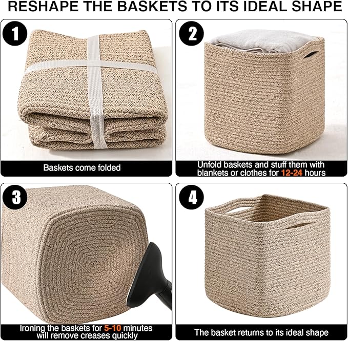 ICERZCZ 13 Inch Cube Closet Storage Bins, Woven Cotton Rope Organizer Baskets for Organizing & Shelves, Books, Towels, Clothes, Toys, 13x13x13 in, Brown (Pack of 3)