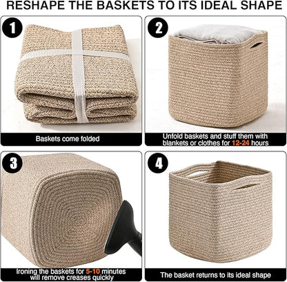 ICERZCZ 13 Inch Cube Closet Storage Bins, Woven Cotton Rope Organizer Baskets for Organizing & Shelves, Books, Towels, Clothes, Toys, 13x13x13 in, Brown (Pack of 3)