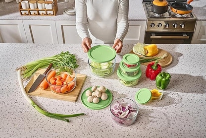 16-Piece Glass Food Storage Containers Set (8 Containers + 8 BPA-Free Lids) | 1-Cup, Leakproof | Microwave, Freezer, Oven & Dishwasher Safe | Ideal for Meal Prep & Pantry Organization, Pistachio
