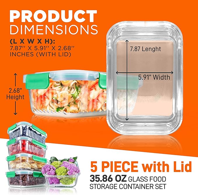 NutriChef 10-Piece Superior Glass Food Storage Containers Set (5 Containers + 5 Locking Lids),Stackable Meal-prep Design, BPA-free Airtight Clear Locking lids with Vent Lids & Air Hole, Wave