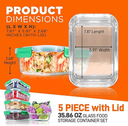 NutriChef 10-Piece Superior Glass Food Storage Containers Set (5 Containers + 5 Locking Lids),Stackable Meal-prep Design, BPA-free Airtight Clear Locking lids with Vent Lids & Air Hole, Wave