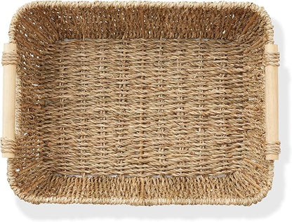Casafield Set of 2 Seagrass Oval Storage Baskets with Wooden Handles - Large, Woven Bin Organizers