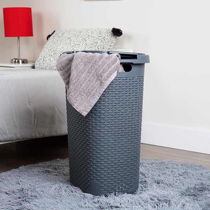 Mind Reader Slim Laundry Hamper with Lid, 60L Tall Clothes Basket, Narrow Tapered Design for Bathrooms, Closets and Laundry Rooms, Plastic, Gray