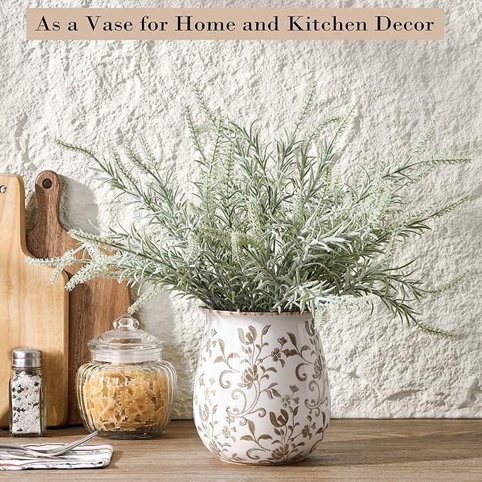 Utensil Holder for Kitchen Counter, Modern Farmhouse Cooking Utensil Holder and Crock Home Kitchen Decor, Ceramic Utensil Organizer for Spatula, Ladle, Eggbeater, Rolling Pin- Brown Flower Patterns