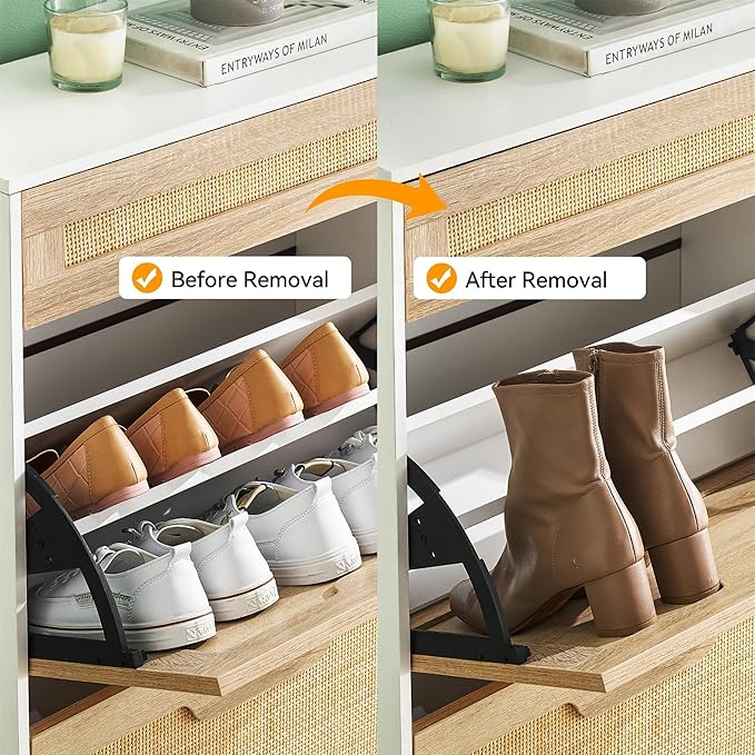 Entryway Shoe Cabinet with 2 Flip Drawers, Slim Freestanding Wooden Shoe Organizer with Linen Front Panels, Space-Saving Closed Shoe Rack for Hallway, Foyer, or Small Apartment(White)