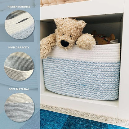 Blue Cotton Rope Baskets for Shelves, Set of 3-15"×10"×9½" - Colorful Storage Baskets for Kids - Nursery, Playroom, Classroom - Toy Storage, Books, Towels