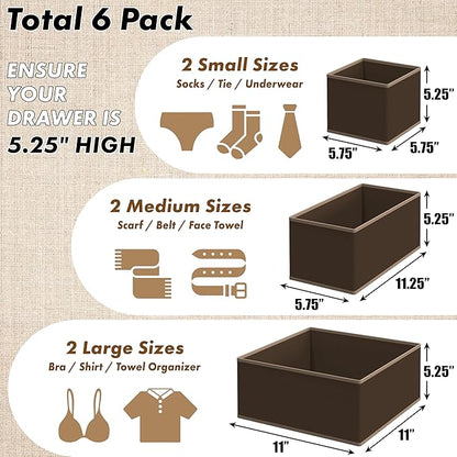 Simple Houseware Underwear Drawer Organizer for Lingerie/Undergarment/Bra/Panty/Sock/Onesie, Set of 6, Brown