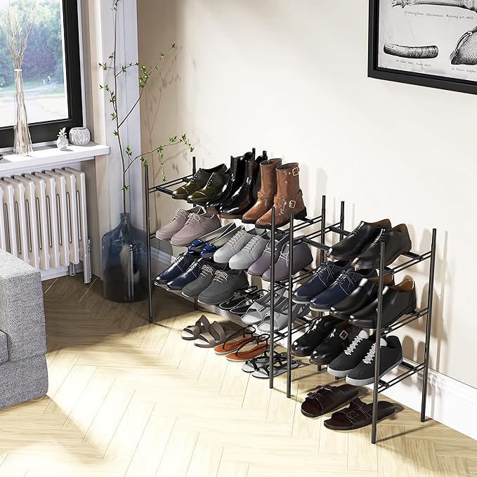 Simple Houseware Space-Saving 3-Tier Shoe Rack - Expandable & Stackable Metal Footwear Organizer for Entryway or Closet, Black