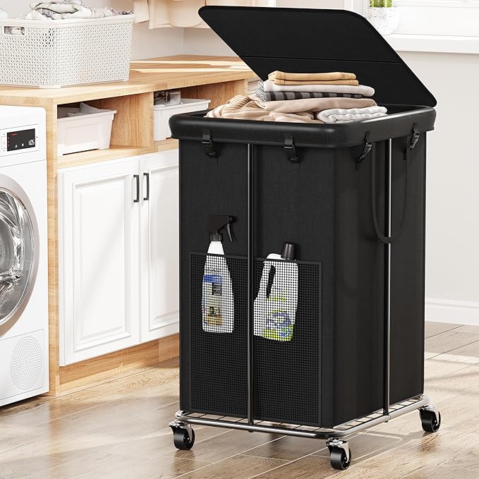 40 Gal Large Laundry Hamper with Lid, Rolling Laundry Basket with Wheels, Oxford Fabric Dirty Clothes Hampers with Removable Laundry Bag & Metal Frame for Bedroom, Laundry Room, Bathroom, Dorm(Black)