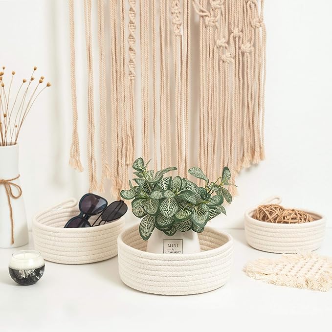 MINTWOOD Design Set of 3 Cotton Rope Nesting Bowls, Small Catch All Basket, Cute Closet Baskets and Bins for Shelves, Mini Table Basket Organizer for Small Accessories
