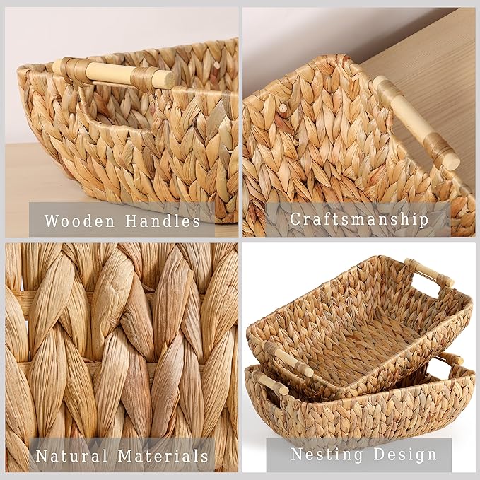 Water Hyacinth Storage Baskets with Wooden Handles，Large Wicker Baskets for Organizing Set of 2
