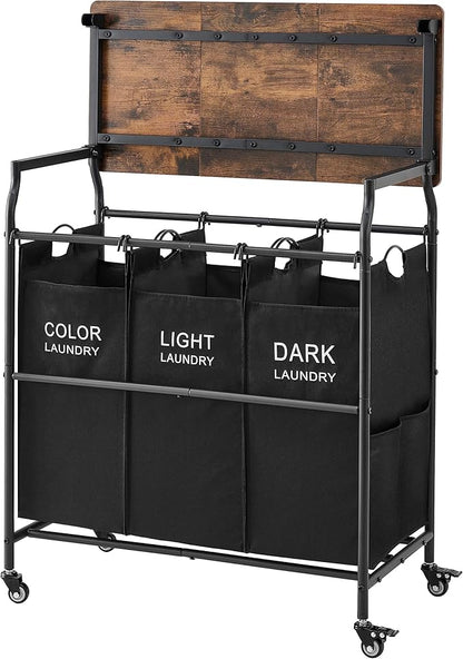 Hoctieon 3 Section Laundry Sorter Cart with Ironing Board, Laundry Hamper with Shelf and Rolling Wheels, Heavy Duty Laundry Basket Organizer, Large Clothes Separator Hamper with Removable Bags, Black