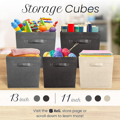 Reli. 11 Inch Cube Storage Bins (4 Pack) | Cube Organizer Bins | 11x11 Fabric Storage Boxes | Collapsible, Foldable Fabric Cubby Box (Square) | Kids Room Organization (Beige)