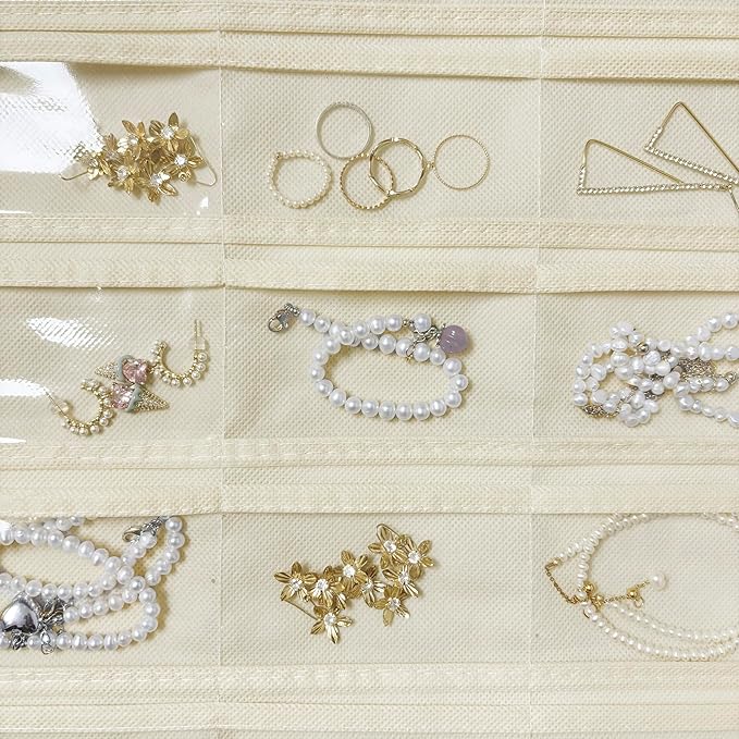 2 Pack Hanging Jewelry Organizer 80-Pocket Dual-sided Jewelry Storage for Earring Necklace Bracelet Ring Travel Holder, Beige