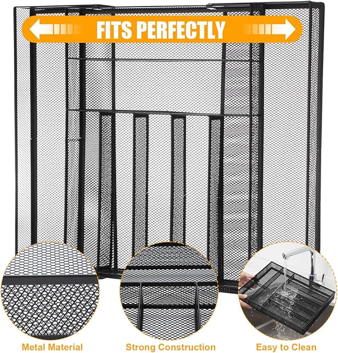 2 Pcs Utensil Drawer Silverware Organizer, Metal Mesh Expandable 13" ~24" Kitchen Drawer Organizer, 7-9 Slots Cutlery Tray Dividers for Kitchen Flatware Christmas Housewarming Gift (Black)