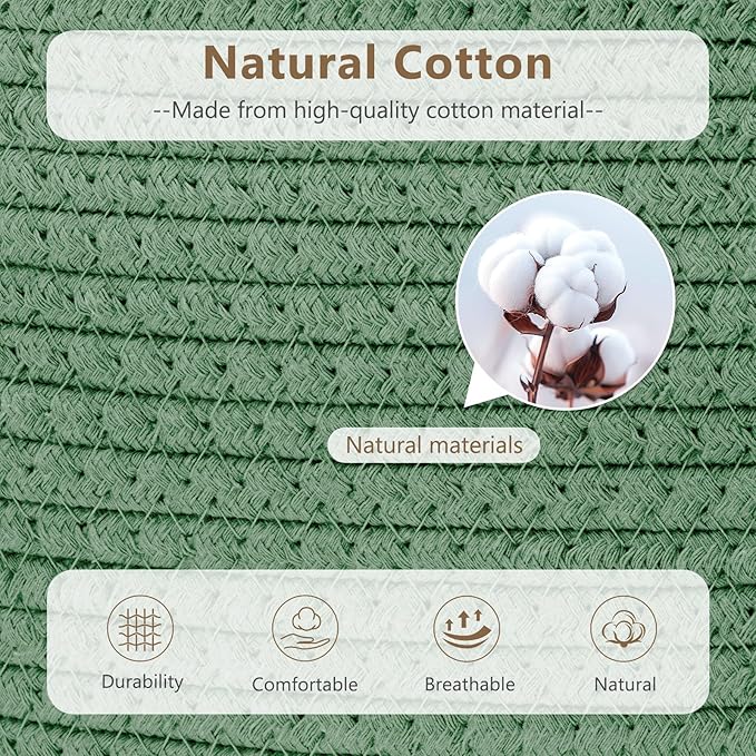 ECDYQXVU Cotton Rope Storage Basket, 15x10x9 Inches, Woven Basket for Shelves, Clothes, Towels, Books, and Laundry, Green (1 Pack)