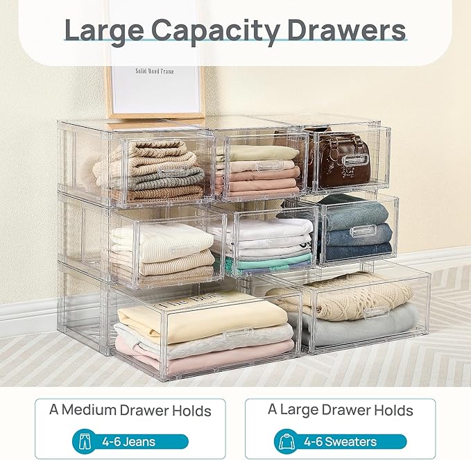 Vtopmart 8 Pack Large & Medium Stackable Drawer Organizer Set, 162QT Easy Assembly Clear Plastic Storage Cabinet, Durable Dresser for Closet, Bedroom, Entryway, Playroom & Apartment Organization