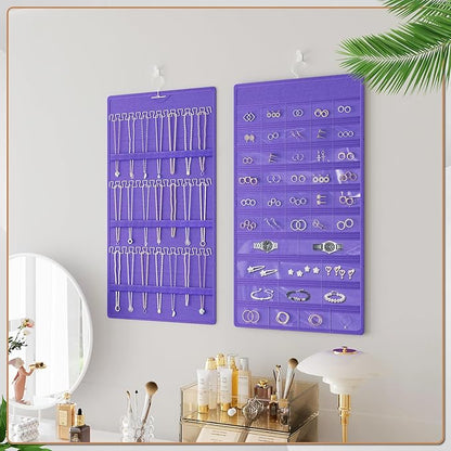Hanging Jewelry Organizer Storage Roll, Double-Sided Necklaces Holder, 42 Pockets Plus 36 hooks Earrings Organizer Hang in Closet, On Wall, or Doors, Purple