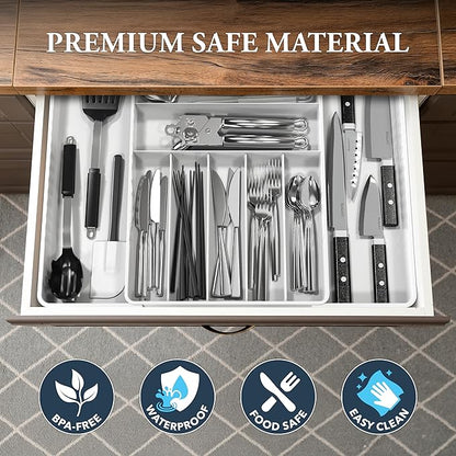 Simple Houseware Expandable & Adjustable Cutlery Drawer Organizer - Large Utensil and Flatware Tray for Kitchen Drawers, White