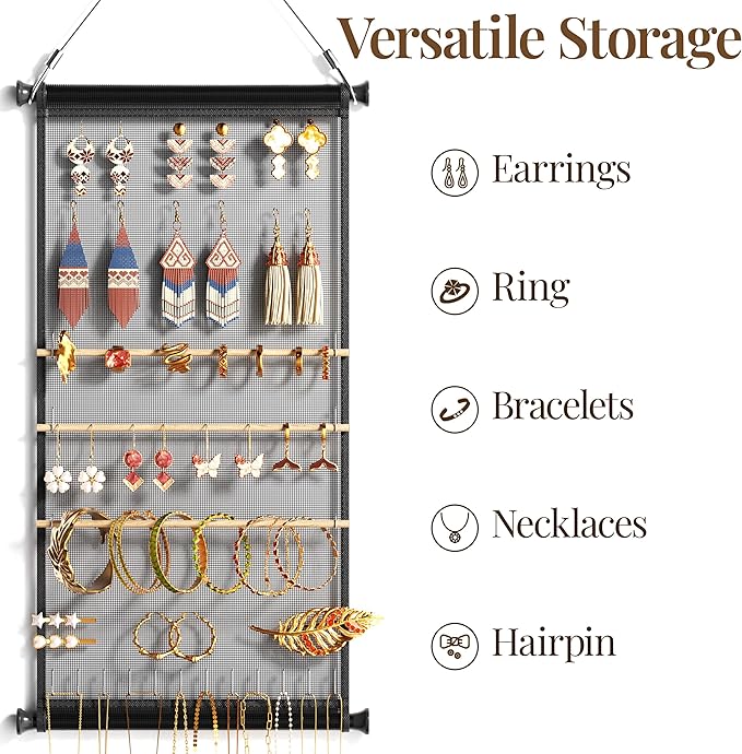 Mesh Earring and Necklace Holder Wall Hanging with Wooden Rods and Hooks, Jewelry Display