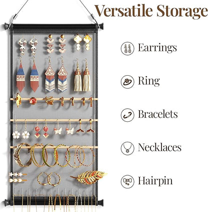 Mesh Earring and Necklace Holder Wall Hanging with Wooden Rods and Hooks, Jewelry Display