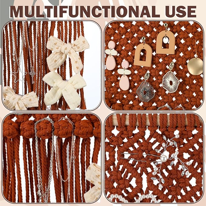 Macrame Jewelry Holder Rustic Boho Earring Organizer Display Crochet Weave Tapestry Wall Hanging Earring Holder Minimalist Vintage Decor Tassel for Women Girls Gift Bedroom Living Room Decor