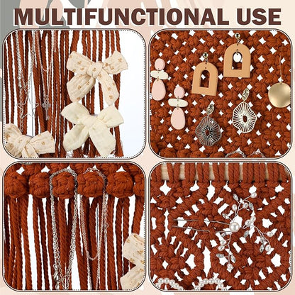 Macrame Jewelry Holder Rustic Boho Earring Organizer Display Crochet Weave Tapestry Wall Hanging Earring Holder Minimalist Vintage Decor Tassel for Women Girls Gift Bedroom Living Room Decor