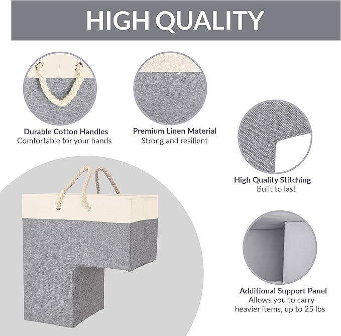 SAM AND MABEL Stairway Storage Basket, Premium Linen Material, Lightweight and Sturdy, Foldable, 16"L x 10"W x 16"H, Lite Cream and Gray