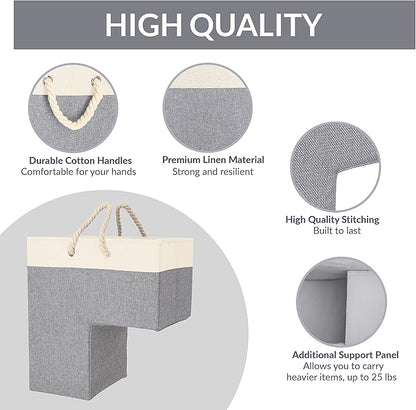 SAM AND MABEL Stairway Storage Basket, Premium Linen Material, Lightweight and Sturdy, Foldable, 16"L x 10"W x 16"H, Lite Cream and Gray