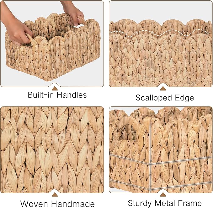 iEGrow Scalloped Wicker Basket, Set of 2 Woven Rattan Natural Water Hyacinth Baskets with Built-in Handles, Rectangle Storage Baskets for Organizing, Decor, Shelf and Nursery Room