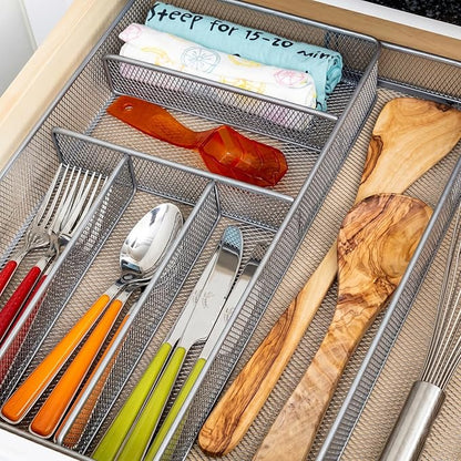 Honey-Can-Do Expandable Steel Mesh Drawer Organizer, 7 Compartments, Silver, Adjustable 11.5 to 20 Inches Wide