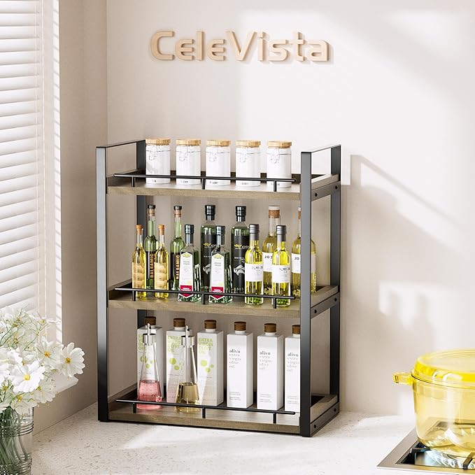 Bathroom Counter Organizer, 3 Tier Wood Countertop Shelf for Vanity, Skincare, Makeup, Kitchen Coffee and Sink Storage, with Durable Metal Bracket (Deep Brown)