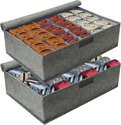 PINGMIC Gray Sock Organizer Divider 2 Pack with Lid - 30 Cell Foldable Closet Storage, Tie Organizer For Men Boxes for Socks, Ties, Belts