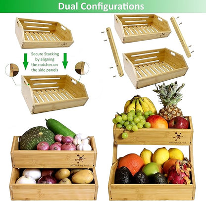 Bamboo Storage Bin - Multipurpose Open Front Stacking Bins for Kitchen & Pantry - Configurable as 2 Tier Bamboo Fruit Basket on Countertop – Ideal for Vegetables, Potato and Onion Storage Bin