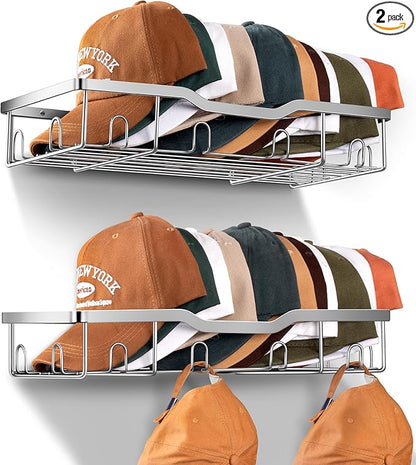 KEETDY Metal Hat Racks for Baseball Caps Wall Hat Organizer Fit 48 Caps Holder, 2 Packs Sturdy Wall Mounted Snapback Storage Organizer, Silver