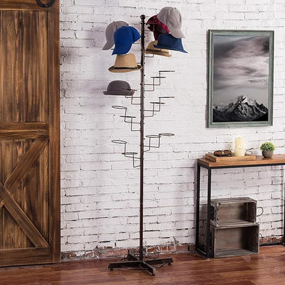 MyGift Hat Rack Tree, Cowboy Hat Display Stand, Baseball Cap Organizer Storage, Freestanding Retail Wig Holder with 20 Customizable Circular Hooks, for Multiple Hats, Dark Brown Metal
