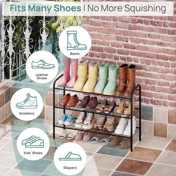viewcare Shoe Rack for Closet, 3-Tier Long Shoe Rack for Entryway & Garage, Sturdy Metal Construction, Shoe Organizer Holds 8-12 Pairs