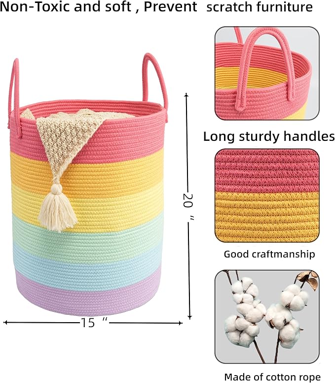 Woven Cotton Rope Laundry basket-15”X20” Laundry Hamper-Rope Storage Basket for Dirty Clothes, Toys and Blankets Perfect for Bathroom, Baby nursery and Living Room Storage (rainbow)